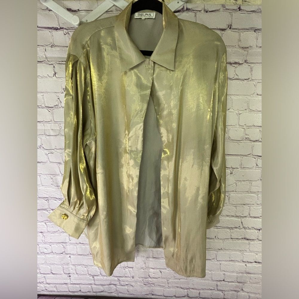 Selina Canada 80s Glam Metallic Liquid Gold Long Sleeve Collar One Button Top L